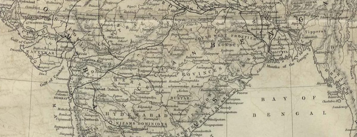 A nineteenth-century engraved map of India, naming Bombay, Hyderabad, Calcutta and the Bay of Bengal.